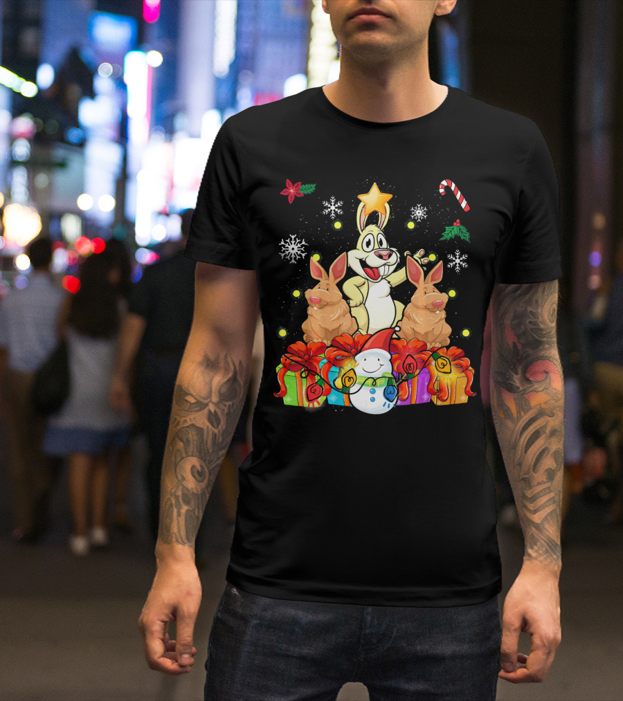 Funny Rabbit Christmas Tree With Gifts And Snowman T-Shirt