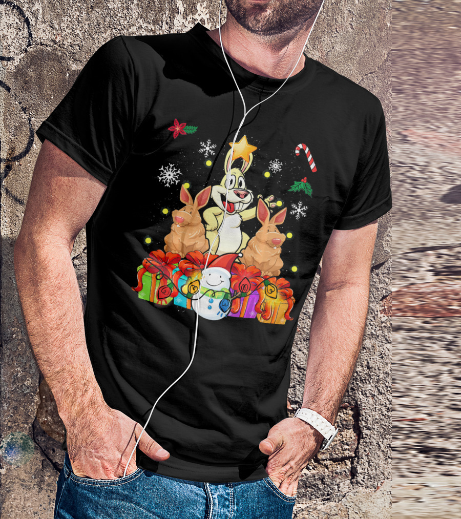 Funny Rabbit Christmas Tree With Gifts And Snowman T-Shirt