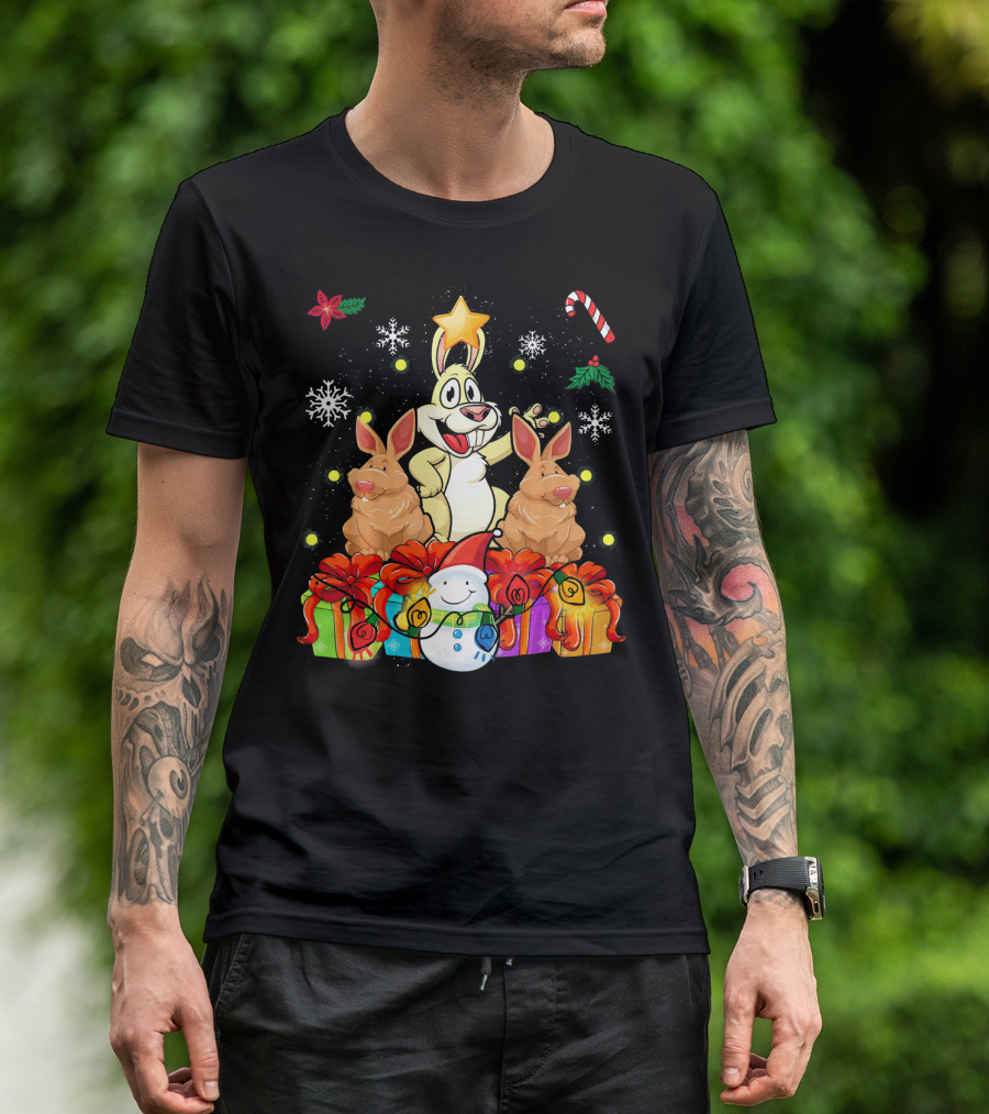 Funny Rabbit Christmas Tree With Gifts And Snowman T-Shirt