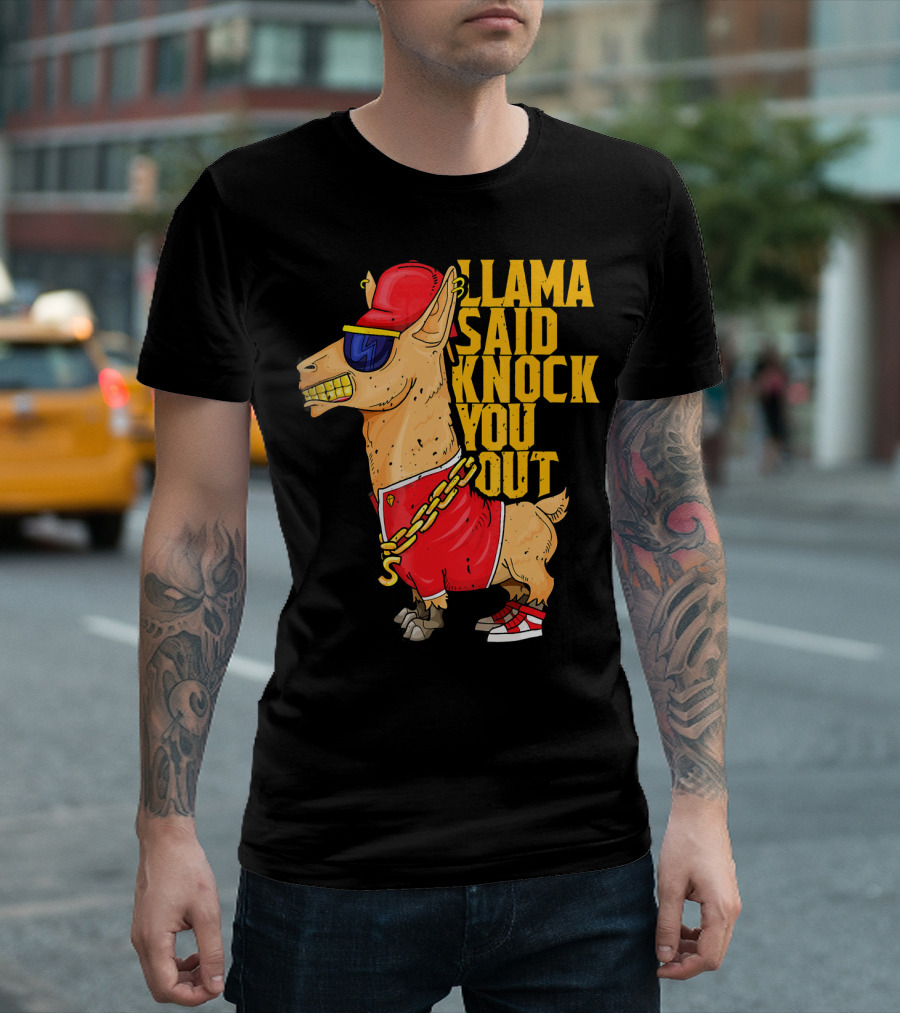 Llama Said Knock You Out Funny Hip Hop Red Cap Sunglasses Chain Sneakers T-Shirt