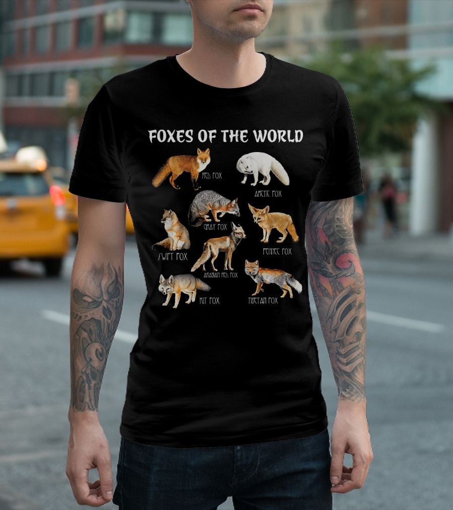Foxes Of The World Red Arctic Gray Swift Fennec Kit Andean Tibetan Fox Animals Edu T-Shirt