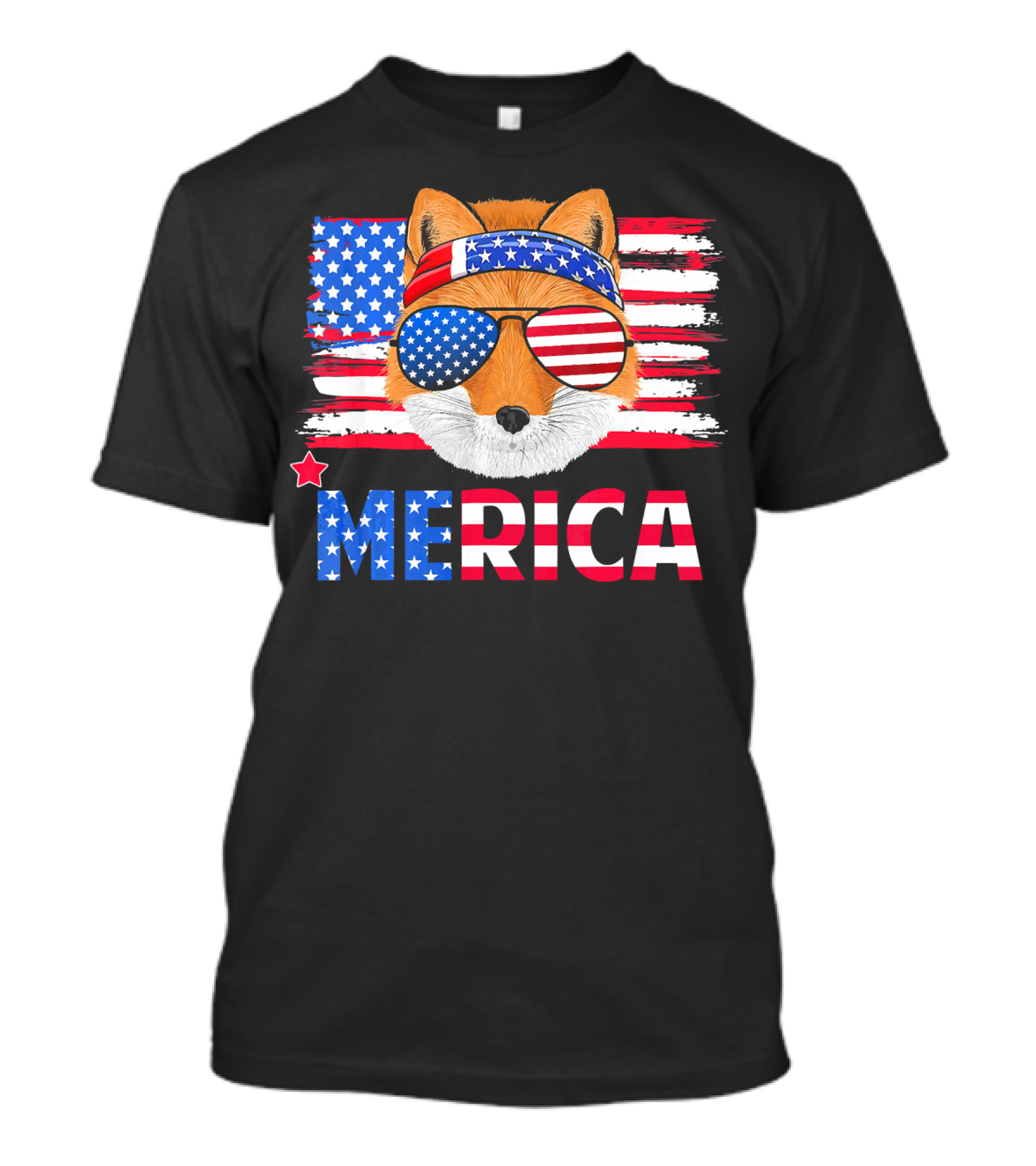 Funny Fox Wearing American Flag Bandana And Sunglasses With Merica Text T-Shirt