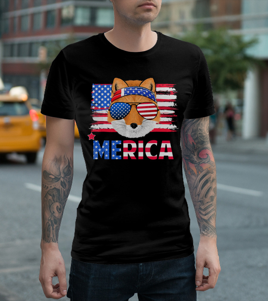 Funny Fox Wearing American Flag Bandana And Sunglasses With Merica Text T-Shirt