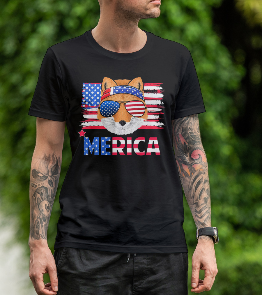Funny Fox Wearing American Flag Bandana And Sunglasses With Merica Text T-Shirt