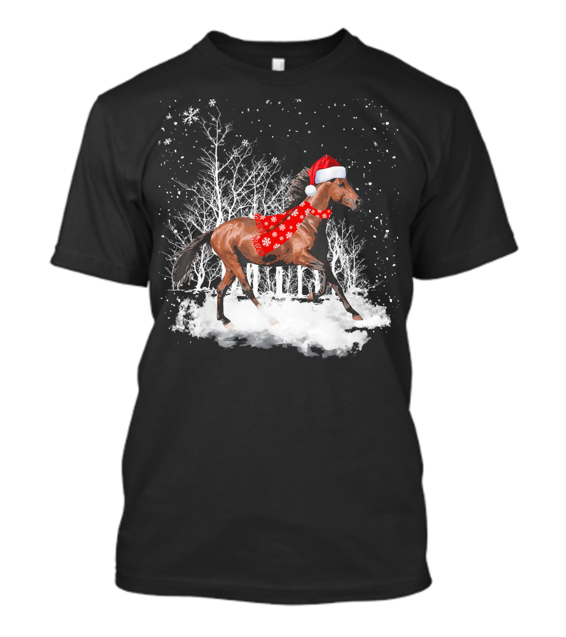 Funny Horse Christmas Santa Hat Snowy Forest T-Shirt