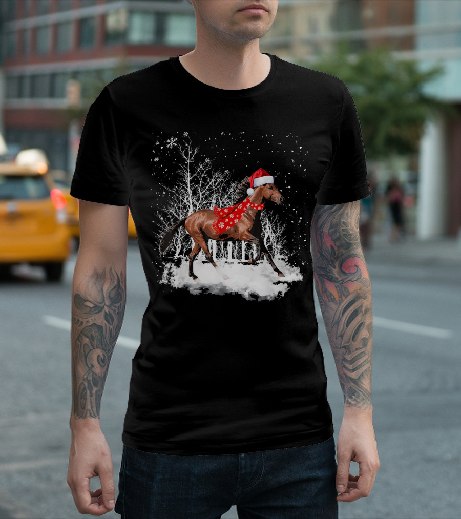 Funny Horse Christmas Santa Hat Snowy Forest T-Shirt