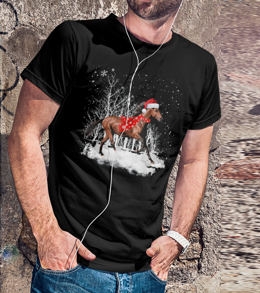 Funny Horse Christmas Santa Hat Snowy Forest T-Shirt