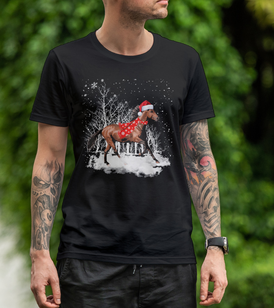 Funny Horse Christmas Santa Hat Snowy Forest T-Shirt
