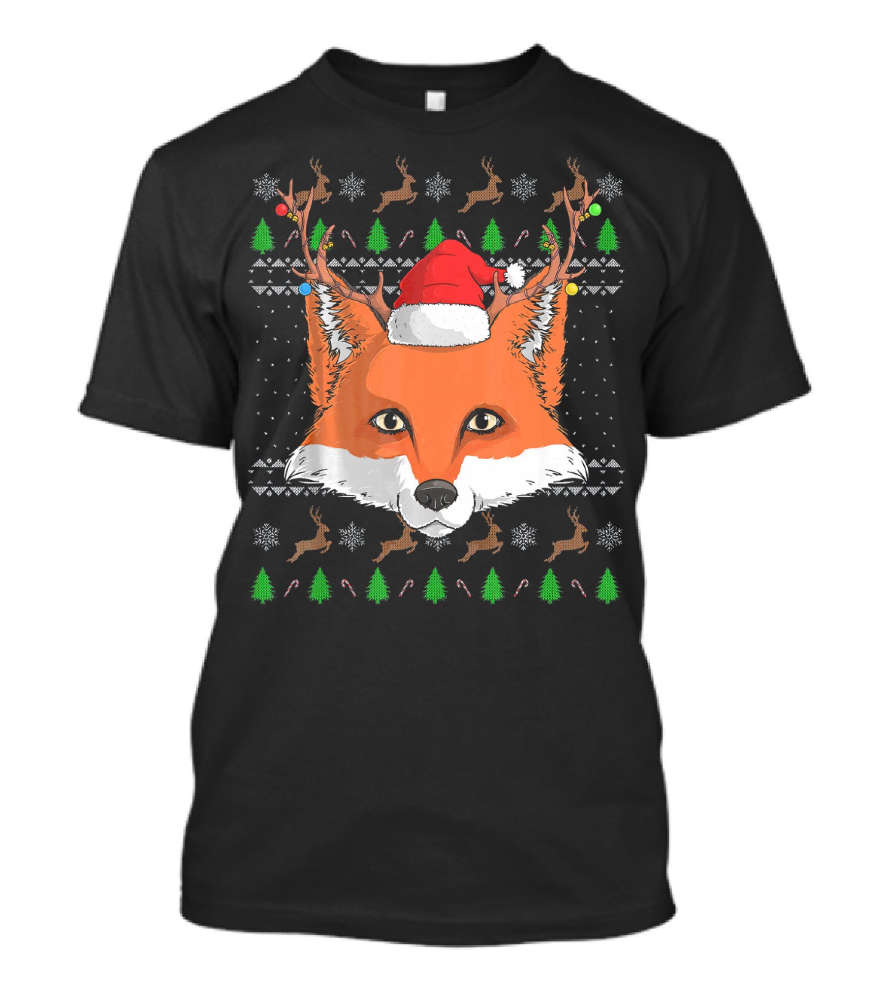 Fox Santa Claus Hat Ugly Christmas Pattern Reindeer Trees Candy Canes Snowflakes T-Shirt