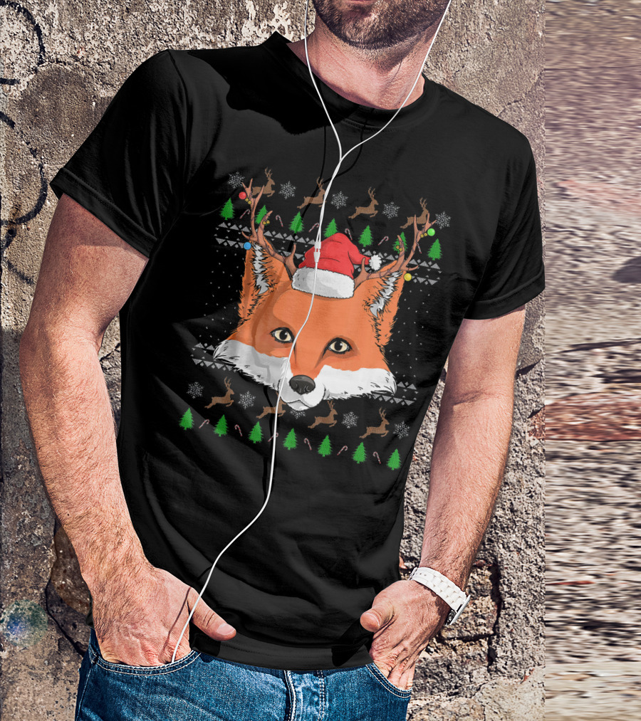 Fox Santa Claus Hat Ugly Christmas Pattern Reindeer Trees Candy Canes Snowflakes T-Shirt