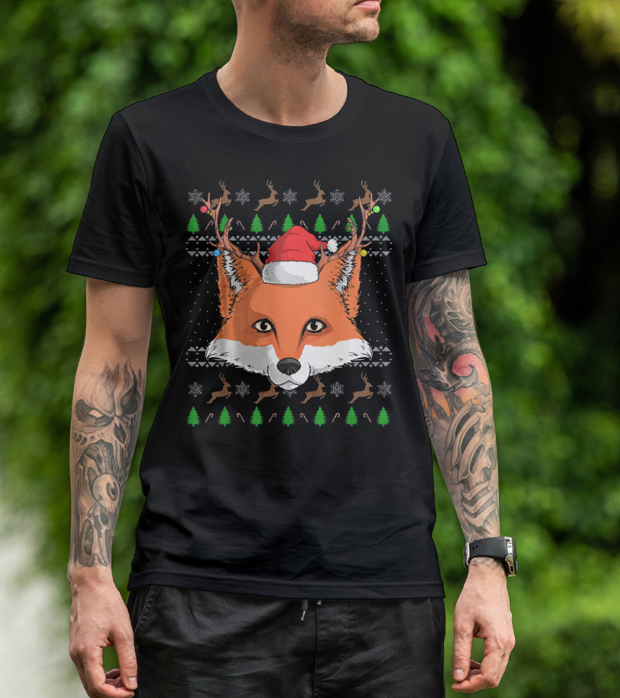 Fox Santa Claus Hat Ugly Christmas Pattern Reindeer Trees Candy Canes Snowflakes T-Shirt