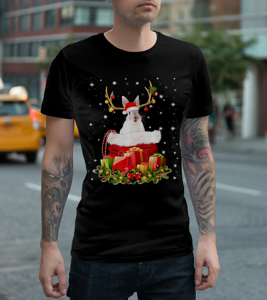 Santa Hat Rabbit with Reindeer Antlers in a Festive Sack of Gifts T-Shirt
