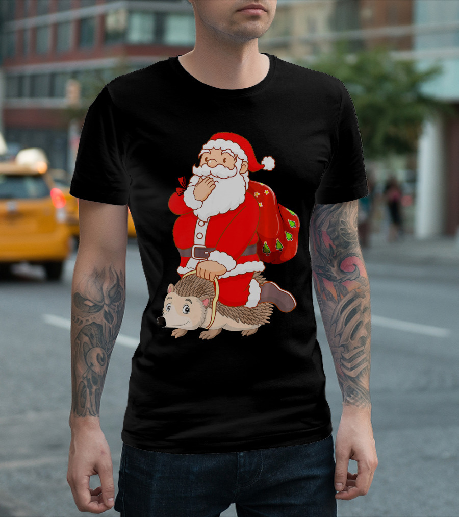 Funny Santa Riding Hedgehog Christmas Lover Holiday T-Shirt