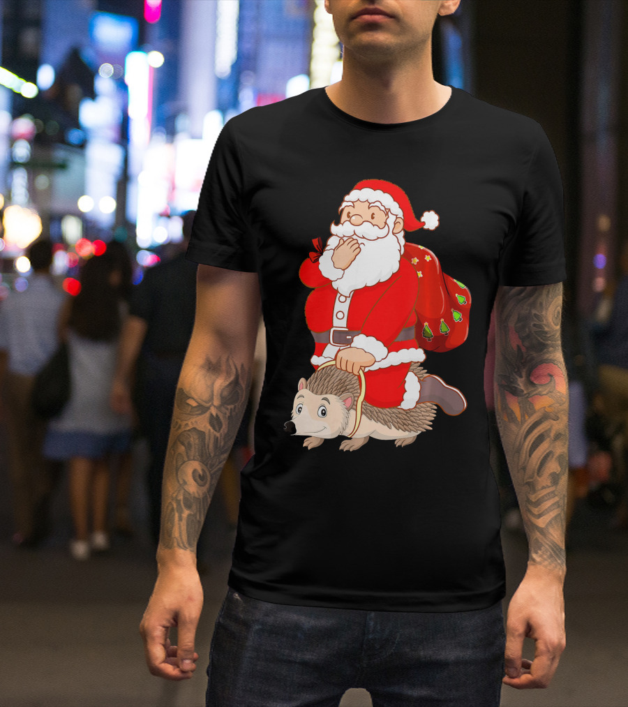 Funny Santa Riding Hedgehog Christmas Lover Holiday T-Shirt