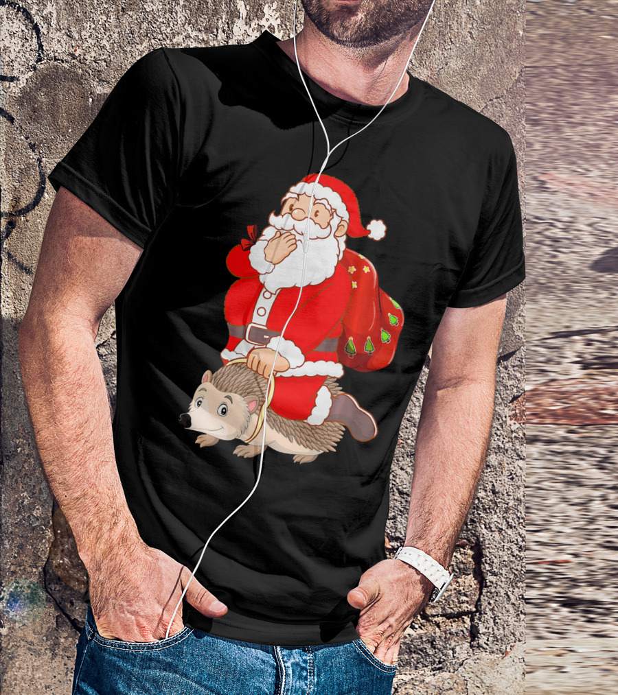 Funny Santa Riding Hedgehog Christmas Lover Holiday T-Shirt