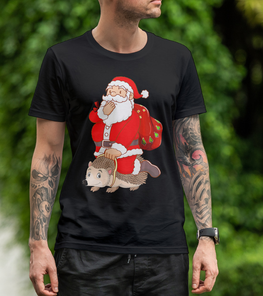 Funny Santa Riding Hedgehog Christmas Lover Holiday T-Shirt
