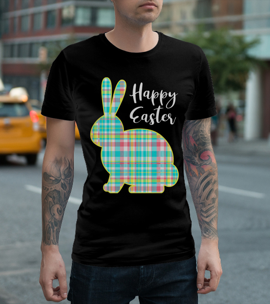 Happy Easter Multi Color Plaid Bunny T-Shirt