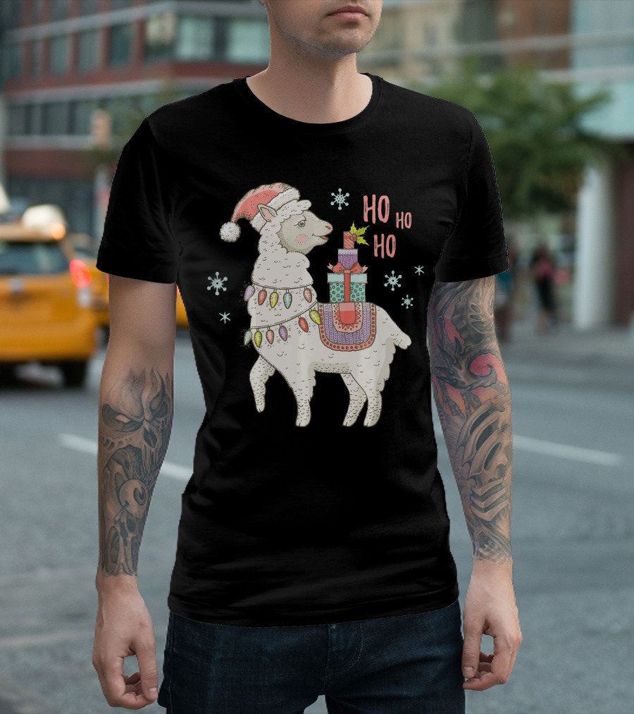 Funny Christmas Llama Santa Hat Xmas Llama Ho Ho Ho Holiday Decor T-Shirt