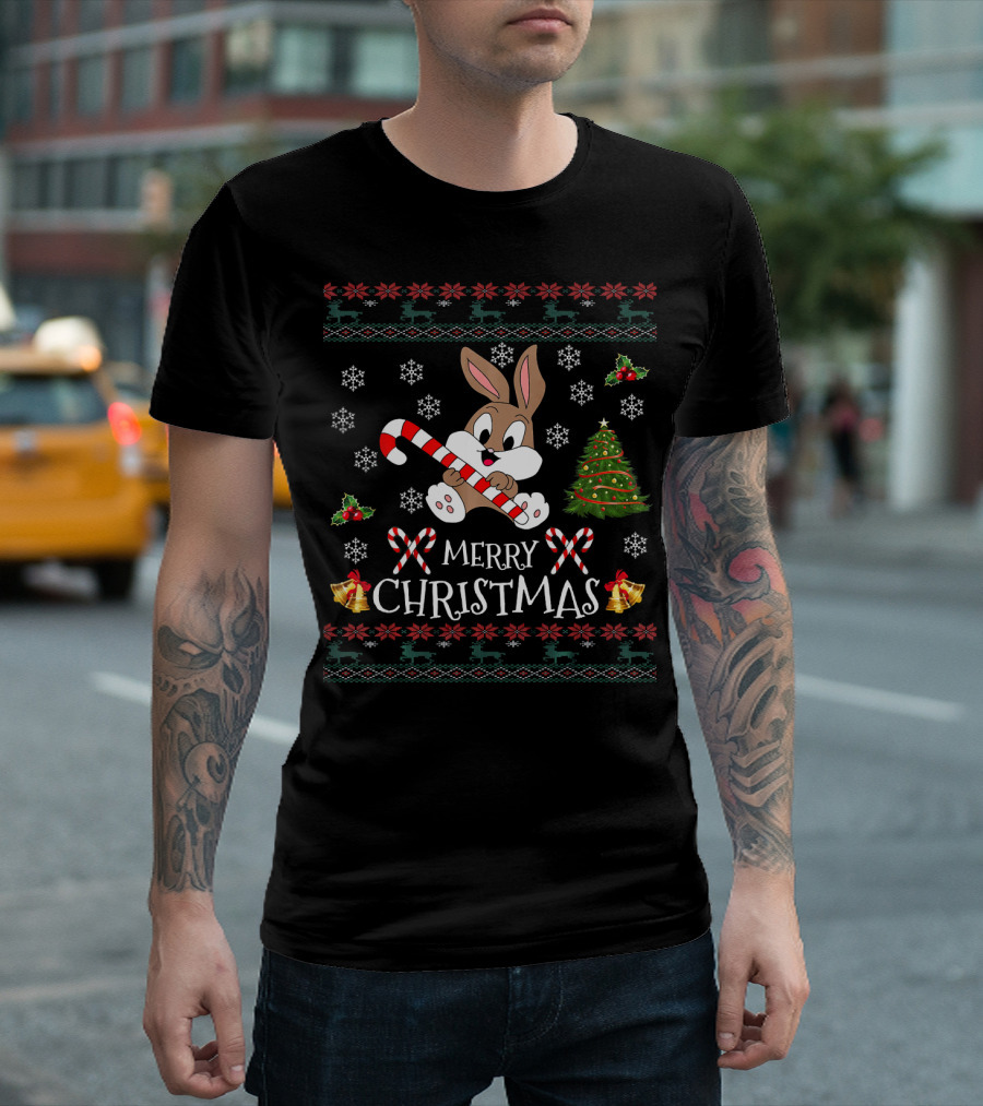 Merry Christmas Funny Bunny Rabbit Candy Cane Holiday T-Shirt