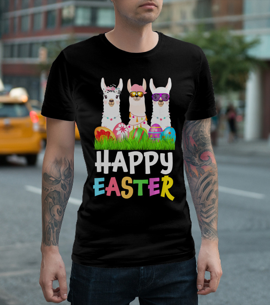 Happy Easter Llama Alpaca With Sunglasses And Easter Eggs T-Shirt