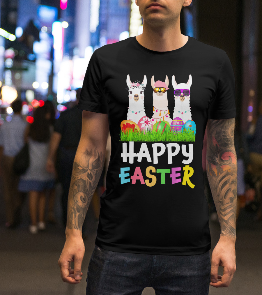 Happy Easter Llama Alpaca With Sunglasses And Easter Eggs T-Shirt