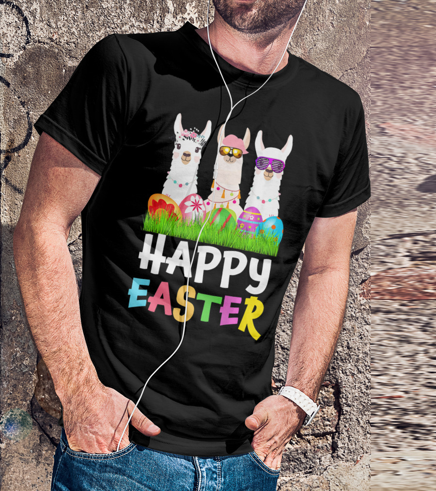 Happy Easter Llama Alpaca With Sunglasses And Easter Eggs T-Shirt
