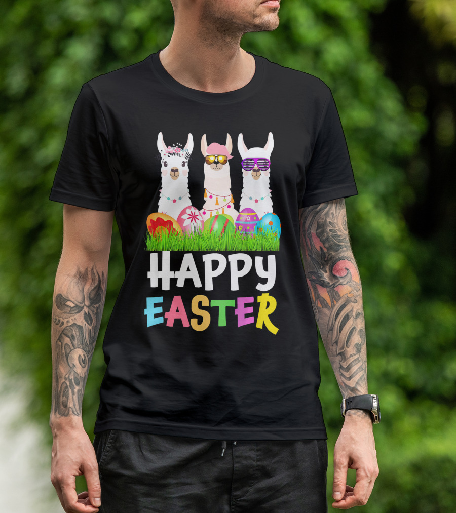Happy Easter Llama Alpaca With Sunglasses And Easter Eggs T-Shirt