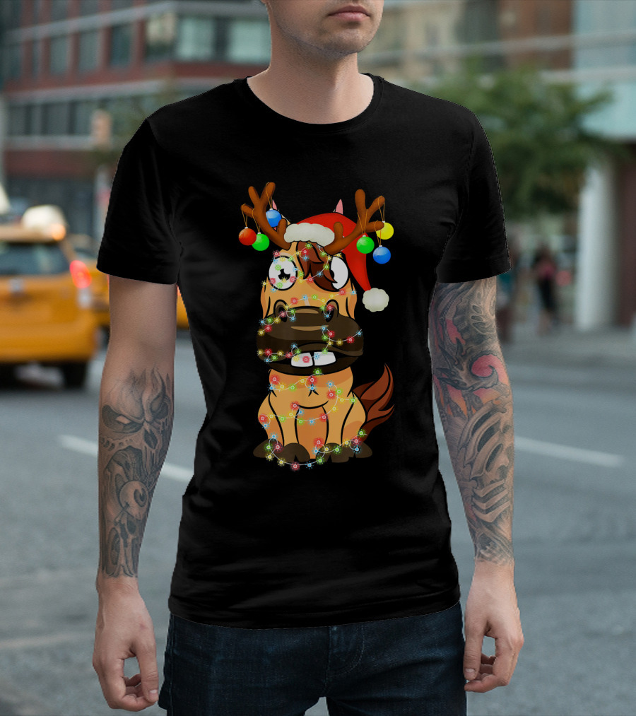 Funny Horse Wrapped in Christmas Lights with Reindeer Antlers and Santa Hat T-Shirt