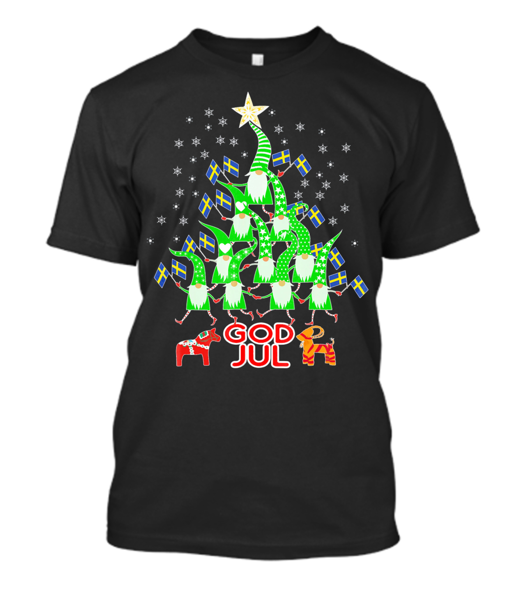 God Jul Swedish Flag Christmas Tree Tomte Nisse Dala Horse T-Shirt
