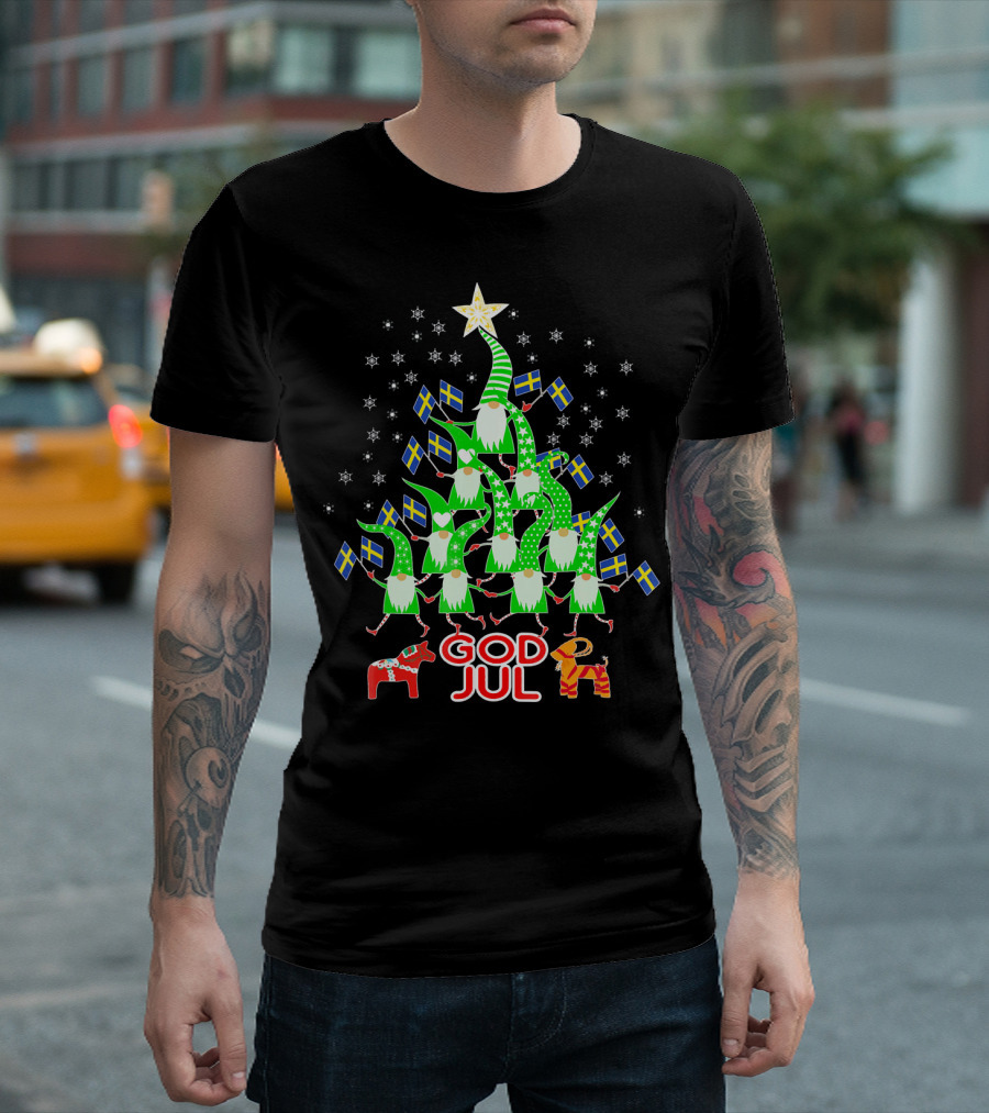 God Jul Swedish Flag Christmas Tree Tomte Nisse Dala Horse T-Shirt