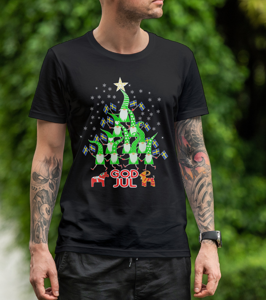 God Jul Swedish Flag Christmas Tree Tomte Nisse Dala Horse T-Shirt