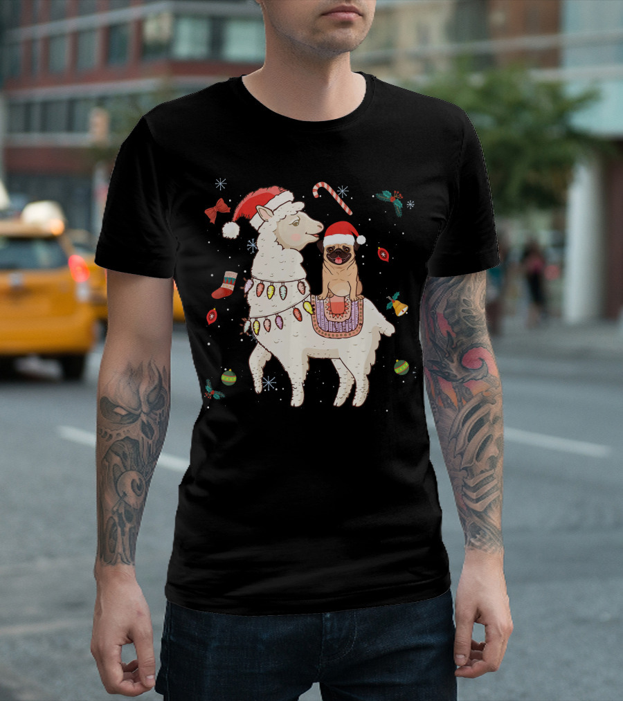 Funny Christmas Llama Alpaca with Santa Hat Pug T-Shirt