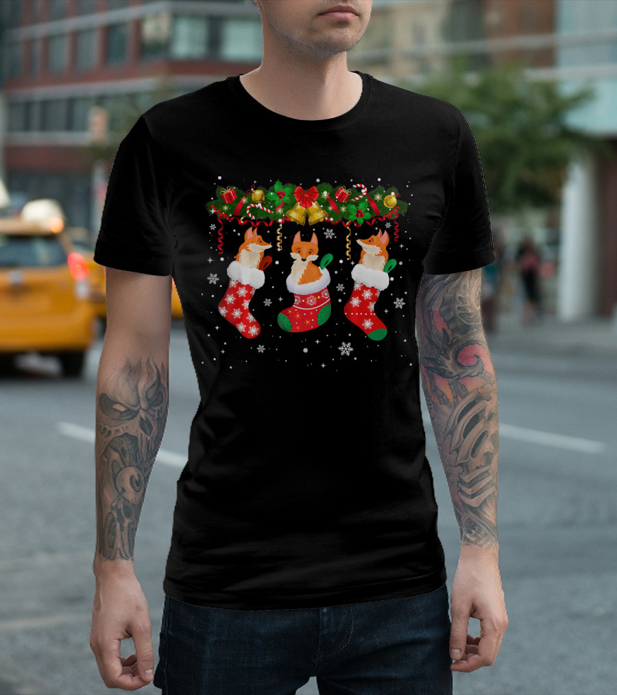 Cute Foxes In Christmas Socks With Festive Decorations T-Shirt