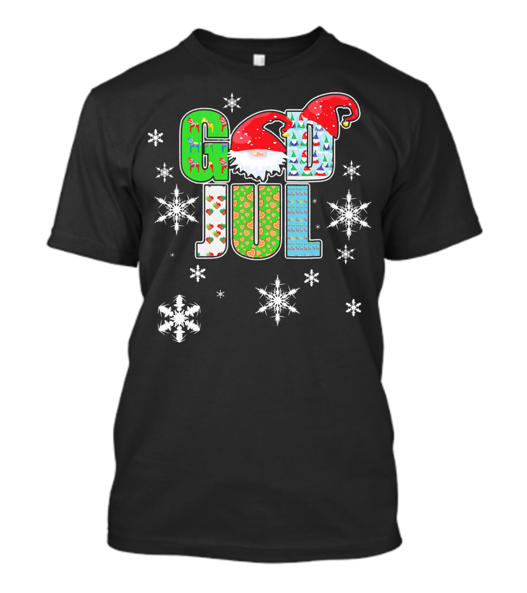 God Jul Swedish Merry Christmas Snowflakes Santa Hat Reindeer Ornaments T-Shirt