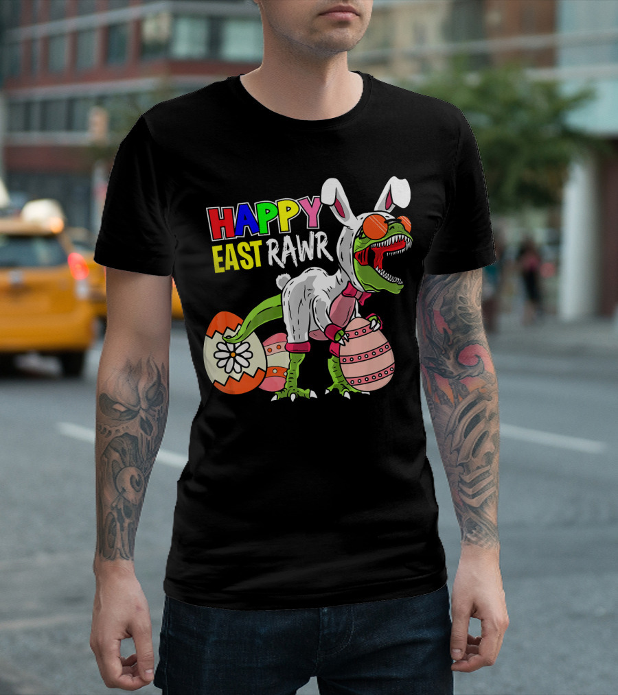 HAPPY EAST RAWR Dinosaur Bunny with Easter Eggs T-Shirt