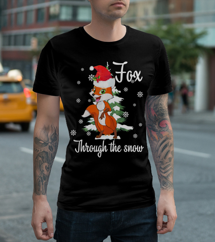 Fox Through the Snow Christmas Paj with Santa Hat and Snowflakes T-Shirt