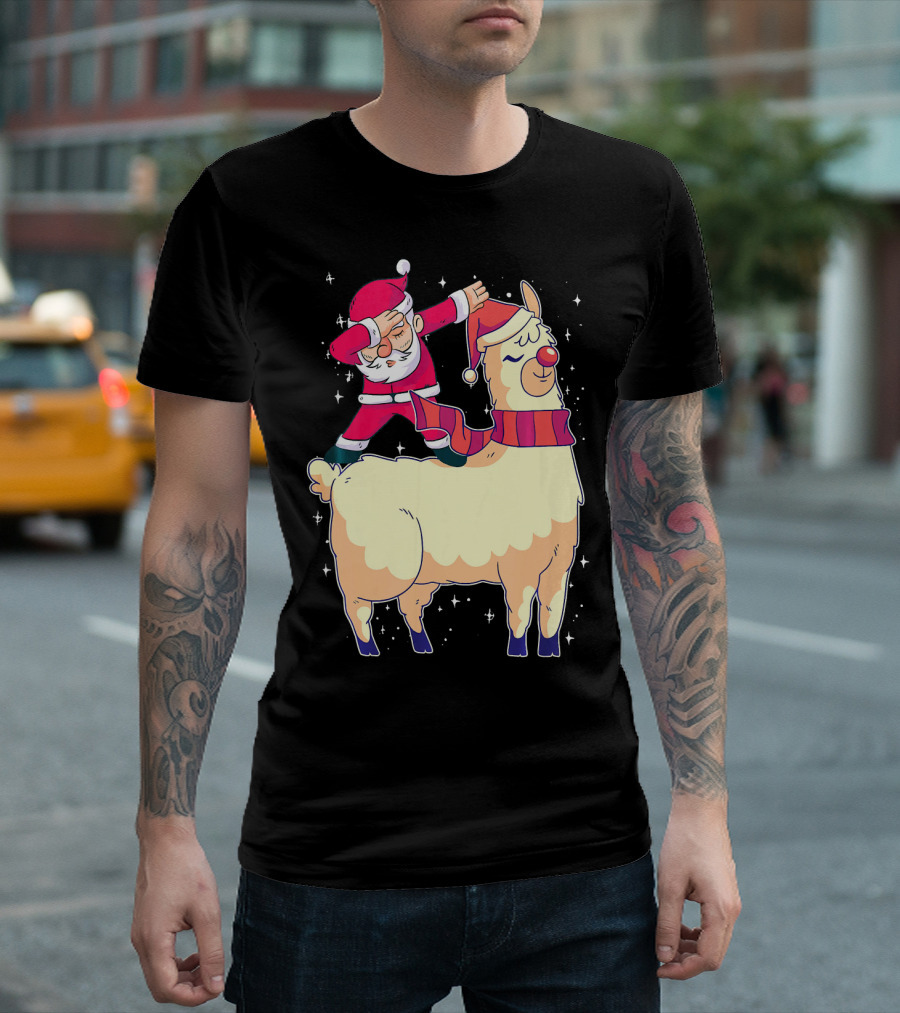 Funny Christmas Dabbing Santa Riding Llama T-Shirt