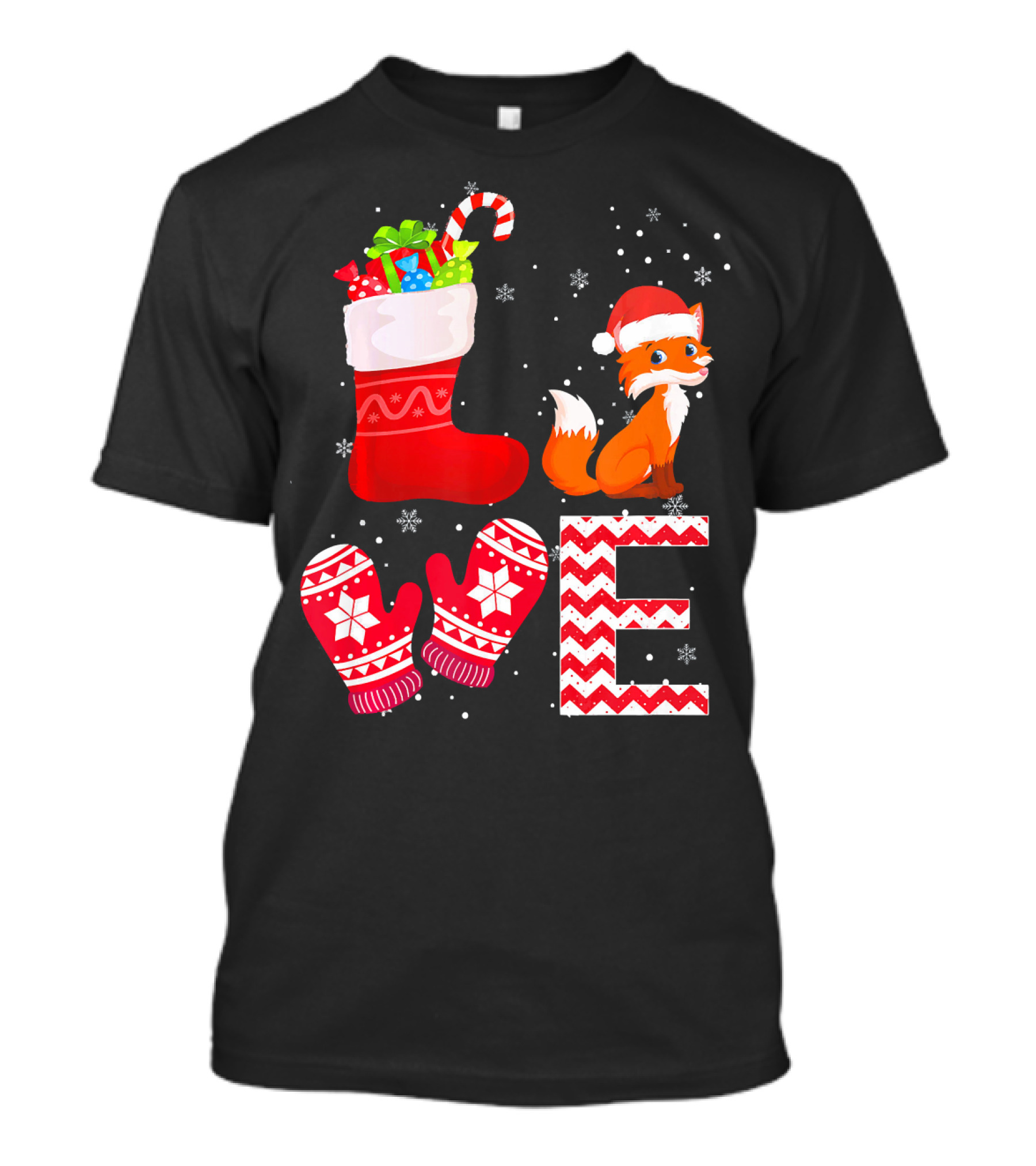 LOVE Christmas Fox Santa Hat Stocking Mittens Snowflakes T-Shirt