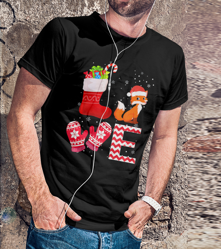 LOVE Christmas Fox Santa Hat Stocking Mittens Snowflakes T-Shirt