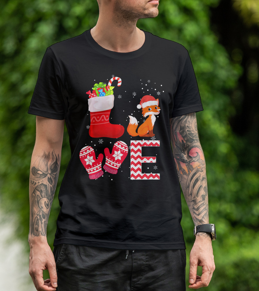 LOVE Christmas Fox Santa Hat Stocking Mittens Snowflakes T-Shirt