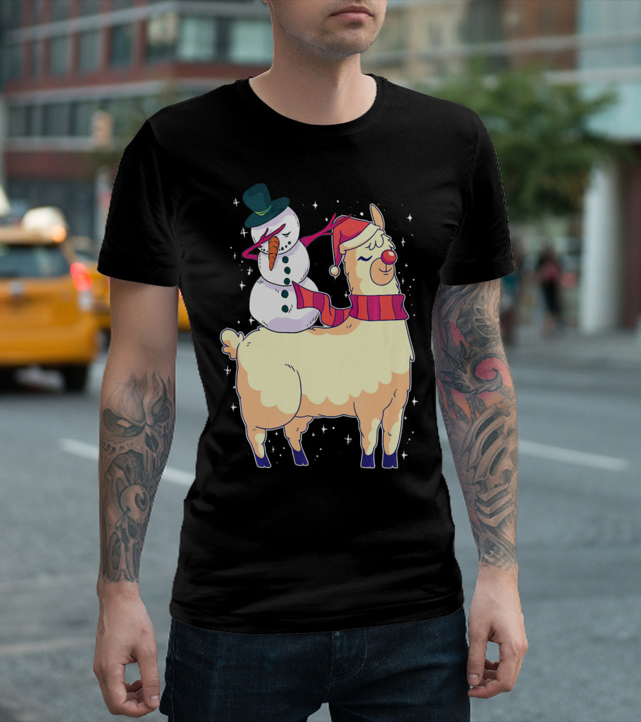 Funny Llama Christmas Dabbing Snowman Santa Hat Scarf T-Shirt