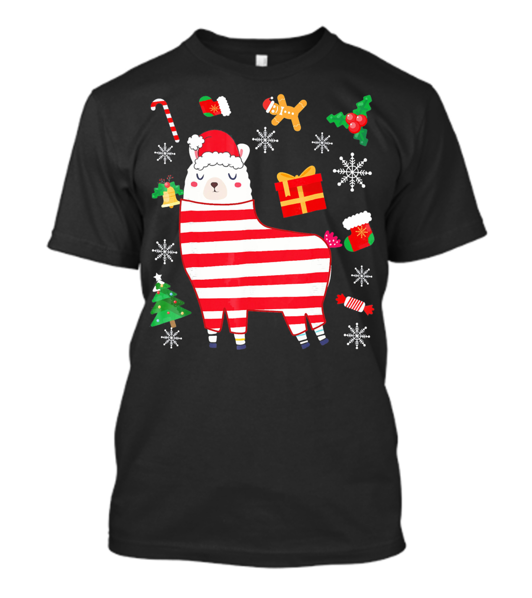 Funny Cute Llama Santa Hat Candy Cane Gingerbread Christmas Tree Snowflake T-Shirt