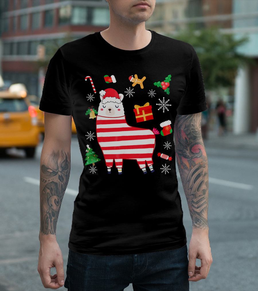 Funny Cute Llama Santa Hat Candy Cane Gingerbread Christmas Tree Snowflake T-Shirt