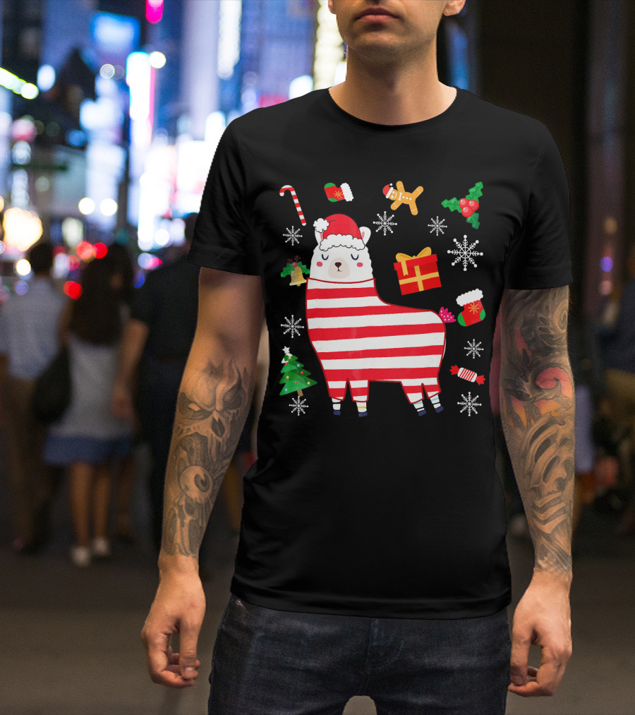 Funny Cute Llama Santa Hat Candy Cane Gingerbread Christmas Tree Snowflake T-Shirt