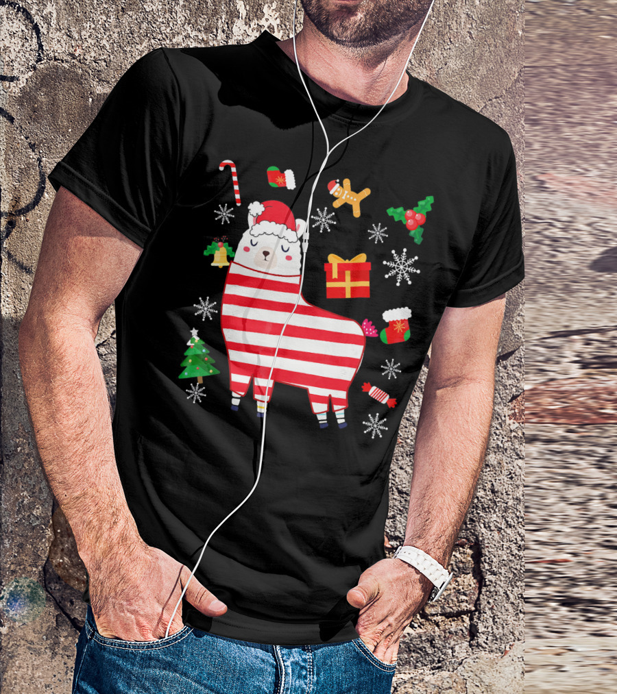 Funny Cute Llama Santa Hat Candy Cane Gingerbread Christmas Tree Snowflake T-Shirt