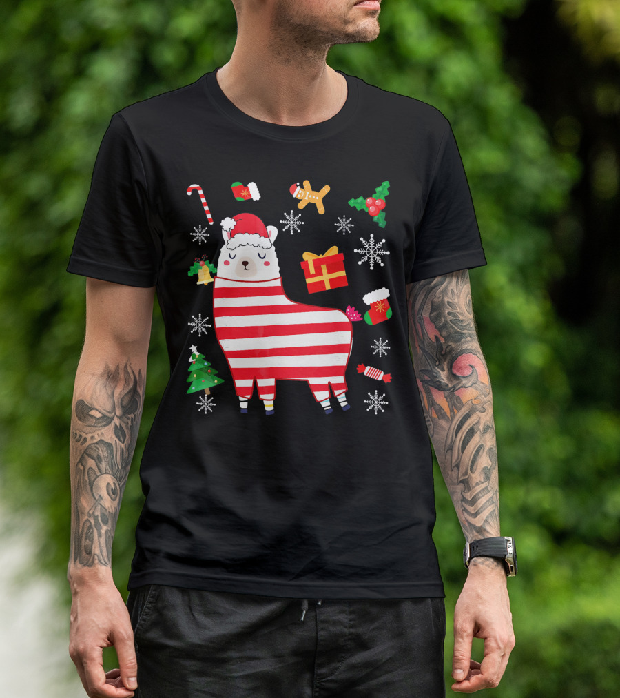 Funny Cute Llama Santa Hat Candy Cane Gingerbread Christmas Tree Snowflake T-Shirt