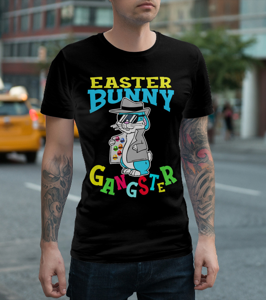 Easter Bunny Gangster in Shades with Colorful Eggs T-Shirt