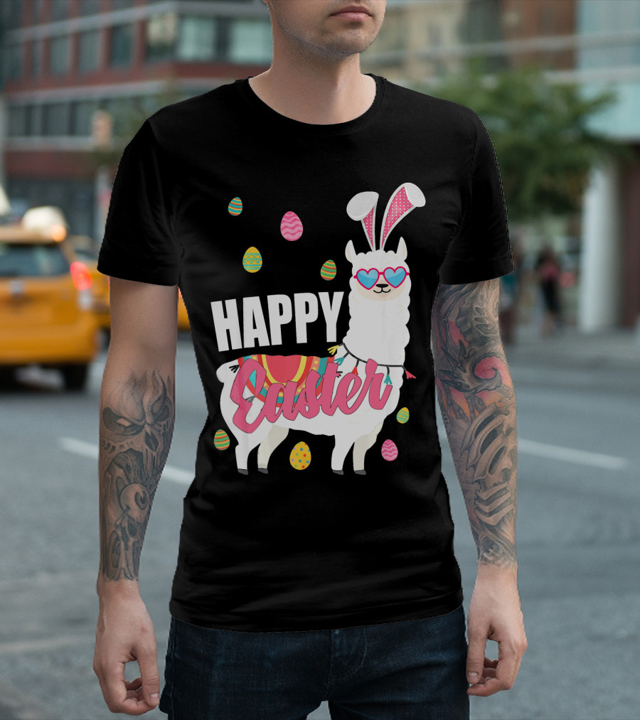 Happy Easter Llama With Eggs And Bunny Ears T-Shirt