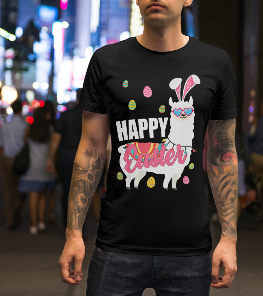 Happy Easter Llama With Eggs And Bunny Ears T-Shirt