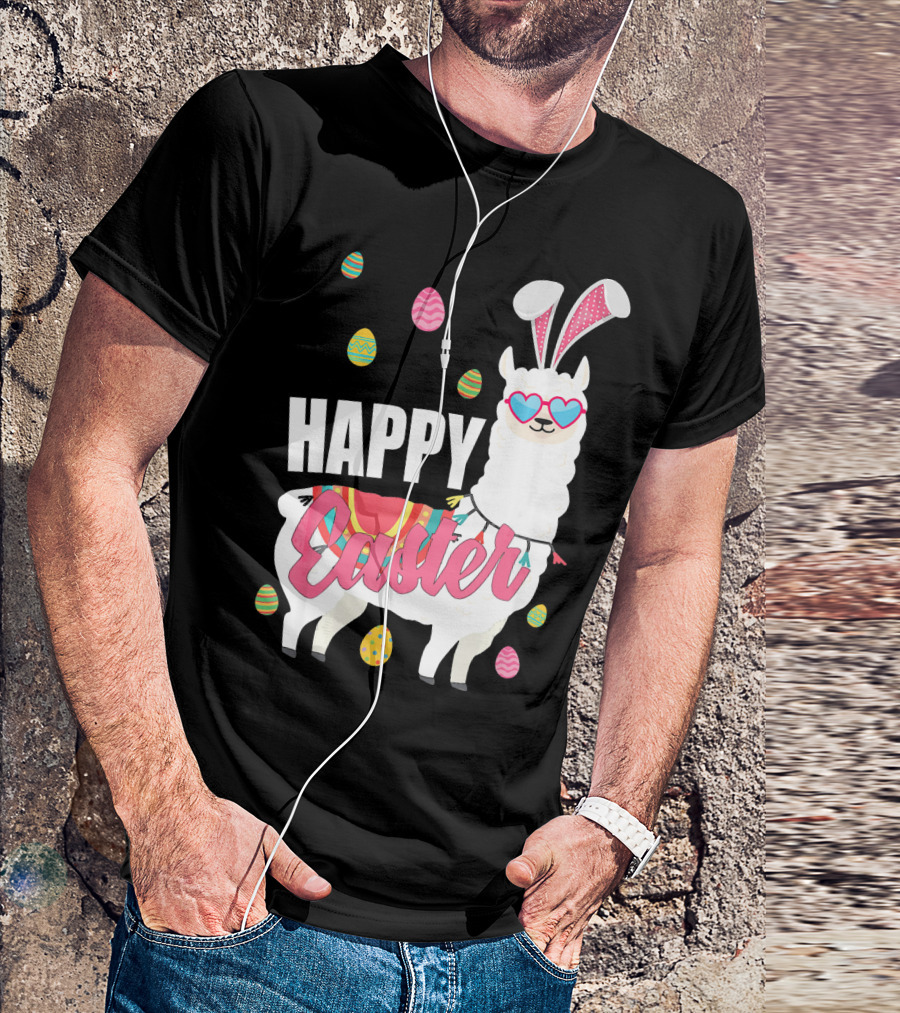 Happy Easter Llama With Eggs And Bunny Ears T-Shirt